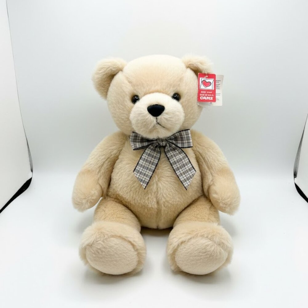 Premium Cream Teddy Bear with Plaid Bow – Soft & Huggable Plush Toy, Perfect Val